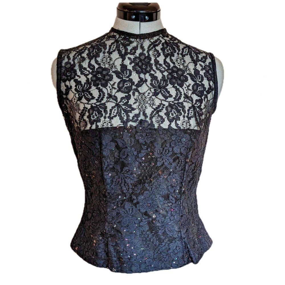 Vintage 1930s Unique Black Lace & Glitter Flocked Taffeta Evening Top, Size S